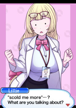 Rule 34 | 1girl, aged up, black eyes, black skirt, blonde hair, blurry, blurry background, bow, bowtie, building, character name, clenched hands, coat, commentary request, commission, day, dialogue box, earrings, english text, eyewear on head, glasses, hakusai (user nkkd7242), hands up, highres, jewelry, lanyard, light blush, lillie (pokemon), long hair, nintendo, open clothes, open coat, open mouth, outdoors, pokemon, pokemon sm, shirt, skeb commission, skirt, solid circle eyes, solo, triangle mouth, white coat