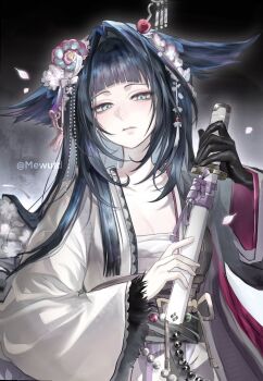 1girl arknights beads black_gloves black_hair black_kimono blue_eyes blunt_bangs breasts chest_sarashi cleavage collarbone expressionless falling_petals flower gloves gradient_background hair_flower hair_flowing_over hair_intakes hair_ornament hair_wings hands_up hashtag-only_commentary highres holding holding_sword holding_weapon japanese_clothes kanzashi kimono long_hair long_sidelocks long_sleeves looking_at_viewer mewutd mio_(arknights) obiage obijime petals pink_flower sarashi short_sword sidelocks single_glove solo split-color_clothes sword two-tone_kimono upper_body wakizashi weapon white_kimono
