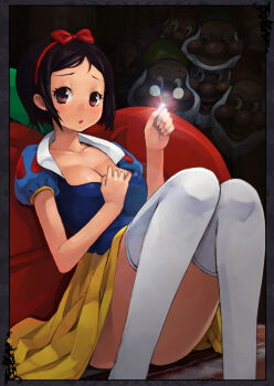 1girl 6+boys :o animification bad_id bad_pixiv_id beard black_hair breasts brown_eyes cleavage disney dress dwarf facial_hair glasses hairband hat maeda_risou multiple_boys short_hair sitting smile snow_white&#039;s_dwarf_(fairy_tale_character) snow_white_(disney) snow_white_and_the_seven_dwarfs_(disney) thighhighs white_thighhighs you_gonna_get_raped