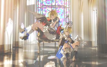 1boy 1girl absurdres arch black_coat black_shoes black_wings blonde_hair blue_eyes bow chair chinese_commentary coat commentary_request coomlee crown frown full_body head_tilt highres holding holding_sword holding_weapon indoors jacket kagamine_len kagamine_rin long_sleeves looking_at_viewer mini_crown shoes short_hair shorts single_wing sitting sitting_sideways sleeveless sleeveless_jacket socks sparkle squatting stained_glass sword tailcoat vocaloid weapon white_bow white_jacket white_shorts white_socks white_wings wings