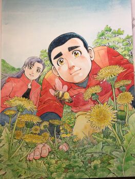 1boy 1girl all_fours bee black_hair black_pants black_shirt brown_eyes bug closed_mouth commentary_request dandelion day flower from_below highres honjo_kei insect jacket kitaoka_souta leaf long_hair looking_at_animal official_art outdoors pants parted_lips plant pollen purple_hair red_jacket shirt short_hair smile souta_no_houchou squatting tomita_satsuki traditional_media tree very_short_hair yellow_flower yellow_pants