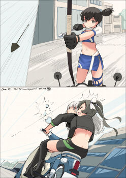 3girls absurdres arrow_(projectile) black_gloves black_hair black_jacket black_skirt blue_skirt blue_tube_top bow_(weapon) cosplay cropped_jacket firing gloves gotland_(2020_race_queen)_(kancolle) gotland_(kancolle) gotland_(kancolle)_(cosplay) grey_hair highres jacket kaga_(kancolle) kantai_collection long_hair motor_vehicle motorcycle multiple_girls race_queen road shoukaku_(kancolle) shrug_(clothing) skirt strapless street toplow tube_top twintails weapon zuikaku_(kancolle) zuikaku_(race_queen)_(kancolle)