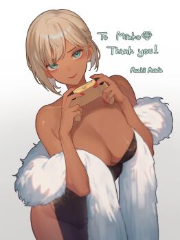 1girl absurdres aqua_eyes asada_asahi black_dress blonde_hair breasts cleavage closed_mouth controller dark-skinned_female dark_skin dress earrings gradient_background grey_background highres holding holding_controller indie_virtual_youtuber jewelry large_breasts looking_at_viewer minko_xiv second-party_source smile solo standing strapless strapless_dress thank_you virtual_youtuber white_background