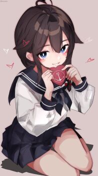 Rule 34 | 1girl, ahoge, alternate costume, anchor symbol, black hair, black neckerchief, black sailor collar, black skirt, blue eyes, braid, commentary request, grey background, hair flaps, hair over shoulder, heart, heart ahoge, highres, kantai collection, long hair, miron (mirona33), neckerchief, pleated skirt, sailor collar, school uniform, serafuku, shigure (kancolle), shigure kai ni (kancolle), simple background, single braid, skirt, solo