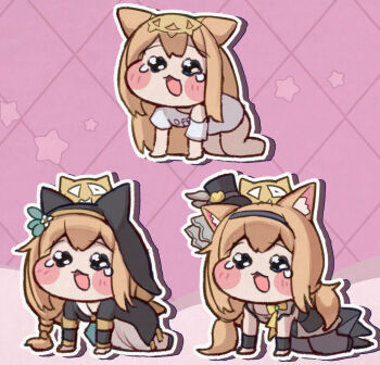 1girl :3 all_fours alternate_costume animal_ears black_hairband black_hat blue_archive blush cat_ears cat_girl commentary guimpe hairband halo hat long_hair long_sleeves mari_(blue_archive) mari_(idol)_(blue_archive) multiple_views nun off_mode_mari_(blue_archive)_(ojibi) official_alternate_costume open_mouth orange_hair shirt trickcal uneg white_shirt yellow_halo