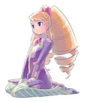 1girl blonde_hair blue_dress blue_pantyhose bow dress drill_hair hair_bow long_hair luna_platz_(mega_man) mega_man_(series) mega_man_star_force_(series) pantyhose sakino_(sanodon) simple_background sitting striped_clothes striped_pantyhose twin_drills very_long_hair white_background