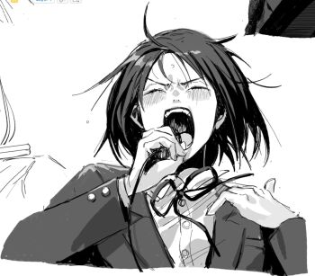 1girl :o ahoge blazer blush cable closed_eyes collared_shirt commentary_request dress_shirt furutoride futsuu_no_keion-bu greyscale hands_up hatono_chihiro highres holding holding_microphone jacket long_sleeves microphone monochrome neck_ribbon open_mouth ribbon school_uniform shirt short_hair simple_background solo teeth upper_body v-shaped_eyebrows white_background