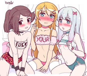 3girls aqua_choker bare_legs bare_shoulders bed bikini blonde_hair blue_eyes blush border bow breasts breasts_out brown_eyes brown_hair choker clothes_lift collar crop_top crossover cuffs dolphin_shorts dot_nose english_text eromanga_sensei female_focus fuck-me_shirt grey_hair hair_ornament hairclip izumi_sagiri kissxsis kousaka_kirino loli long_hair microskirt midriff miniskirt multiple_crossover multiple_girls navel nipples no_bra off_shoulder open_mouth ore_no_imouto_ga_konna_ni_kawaii_wake_ga_nai panties pink_hair pongldr ponytail ribbon self-upload shirt_lift short_shorts shorts simple_background skirt small_breasts smile socks strapless string_bikini string_panties suminoe_ako swimsuit thighhighs thighs trait_connection tube_top underwear white_border