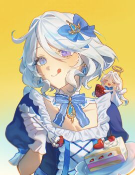 2girls :q alternate_costume blue_bow blue_bowtie blue_eyes bow bowtie breasts brooch cake cherry cleavage earrings focalors_(genshin_impact) food fork fruit furina_(genshin_impact) genshin_impact gloves hair_bow hair_intakes head_tilt highres holding holding_fork jewelry miiilkfoam mini_person minigirl multiple_girls puffy_short_sleeves puffy_sleeves short_hair short_sleeves smile tongue tongue_out upper_body white_gloves white_hair yellow_background