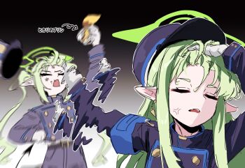 2girls adjusting_hair anger_vein armband black_background black_tail blue_archive blue_armband closed_eyes closed_mouth commentary demon_tail fang fangs female_focus gloves gradient_background green_hair green_halo grey_background halo hand_in_own_hair hat highres hikari_(blue_archive) long_hair meme mr.lazy multiple_girls naoya_hitting_choso_without_looking_(meme) open_mouth peaked_cap pointy_ears punching siblings sidelocks sisters skin_fang smear_frame symbol-only_commentary tail tearing_up translation_request twins twintails white_background white_gloves