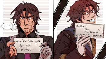 ... 2boys asymmetrical_gloves barbie_mugshot_(meme) beard_stubble blood blood_splatter brown_hair card character_name coat collared_shirt commentary english_commentary english_text facial_hair fang fingerless_gloves gallagher_(honkai:_star_rail) gloves grin hair_between_eyes height_mark highres holding holding_card holding_sign honkai:_star_rail honkai_(series) hoymiko_etc long_sleeves looking_at_another looking_at_viewer looking_to_the_side male_focus medium_hair meme mismatched_gloves mr._reca_(honkai:_star_rail) mugshot multiple_boys mustache_stubble nameplate necktie red_eyes shirt sign single_fingerless_glove smile spoken_ellipsis stubble upper_body vest wing_collar