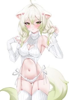 Rule 34 | 1girl, absurdres, ahoge, animal ears, breasts, cleavage cutout, clothing cutout, detached sleeves, ferret ears, ferret girl, ferret tail, garter straps, green eyes, green tail, hair between eyes, heart cutout, highres, laimu (vtuber), long hair, medium breasts, miuq chan, multicolored hair, navel, panties, ribbed sleeves, ribbed sweater, ribbed thighhighs, side-tie panties, sideboob, sleeveless, sleeveless turtleneck, solo, sweater, thighhighs, turtleneck, turtleneck sweater, two-tone hair, two-tone tail, underwear, vinesauce, virgin destroyer sweater, virtual youtuber, white background, white hair, white thighhighs