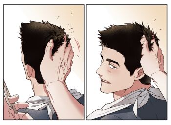 2boys absurdres ao_isami bara black_hair blush cutting_another's_hair cutting_hair ekstmekajr facial_hair highres holding holding_scissors looking_at_viewer male_focus multiple_boys pov pov_adoring pov_hands scissors short_hair sideburns_stubble smile solo_focus split_screen stubble thick_eyebrows veins veiny_hands yaoi yuuki_bakuhatsu_bang_bravern