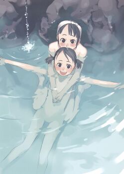 bathing black_eyes black_hair flat_chest highres loli nude onsen short_hair takamichi thigh_gap thighs twintails