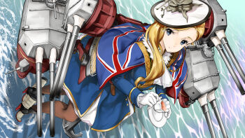 1girl anchor ascot azur_lane black_pantyhose blonde_hair blue_capelet blue_eyes capelet cup dress dutch_angle earrings frilled_ascot frills gloves hair_over_shoulder hat holding holding_cup hood_(azur_lane) jewelry long_hair looking_at_viewer machinery pantyhose rigging searchlight ship_turret smile smokestack solo standing standing_on_liquid tea tilted_headwear union_jack union_jack_print white_gloves yanta55
