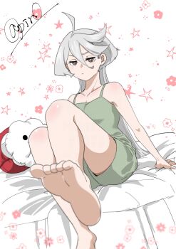 1girl 715piro_gon absurdres barefoot camisole feet green_camisole grey_eyes grey_hair grey_shorts gundam gundam_suisei_no_majo highres hots_(gundam_suisei_no_majo) long_hair looking_at_viewer miorine_rembran shorts sitting soles solo toes white_background
