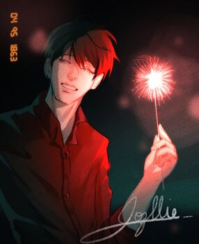 1boy :d black_eyes black_hair black_shirt collared_shirt dated film_grain fireworks glowing grin hand_up head_tilt highres holding holding_fireworks jozllie kim_dokja lens_flare looking_at_viewer night omniscient_reader&#039;s_viewpoint open_mouth photo_(object) shirt short_hair sleeves_rolled_up smile sparkler upper_body