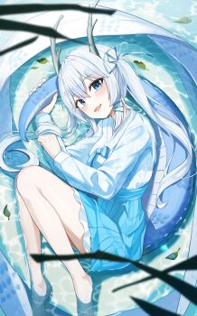 1girl 2024 :d absurdres arch_a4 barefoot blue_eyes blue_hair blue_ribbon blue_skirt blush chinese_zodiac commentary dragon_girl dragon_horns dragon_tail fang gosegu hair_between_eyes hair_ribbon hanbok highres holding_own_tail horns hugging_own_tail hugging_tail isegye_idol korean_clothes leaf long_hair long_sleeves looking_at_viewer lying on_side open_mouth partially_submerged pleated_skirt ribbon shallow_water skin_fang skirt smile solo tail tail_grab twintails virtual_youtuber waktaverse water white_hair year_of_the_dragon