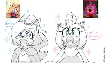 +_+ 2girls 3girls :o absurdres amy_rose animal_ears animal_nose artist_name bat_ears bat_girl blue_eyes body_fur breasts cape cat_ears cat_girl choko_niko02 cleavage commentary dress english_text eyelashes fang fangs fangs_out furry furry_female gloves green_eyes hair_tie highres long_hair looking_at_viewer looking_up makeup multiple_girls open_mouth photo_inset pink_fur ponytail red_dress reference_inset simple_background sonic_(series) sonic_the_hedgehog_(idw) sparkle sparkling_eyes speech_bubble symbol-shaped_pupils talking teeth topknot twitter_username untranslatable_commentary vampire whisper_the_wolf white_background