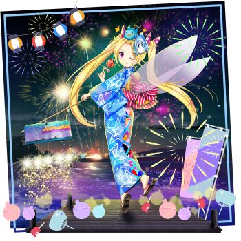Rule 34 | 1girl, ;q, aerial fireworks, alternate costume, alternate hairstyle, animal, animal on head, bird, bird on head, blonde hair, blue bird, blue kimono, candy apple, character mask, cirno, closed mouth, clownpiece, fairy, fairy wings, fireworks, food, full body, game cg, hand fan, highres, holding, holding candy apple, holding food, japanese clothes, kimono, mask, mask on head, official art, on head, one eye closed, pier, pink eyes, rotte (1109), sandals, smile, solo, third-party source, tongue, tongue out, touhou, touhou lostword, translation request, transparent background, twintails, water, wings, yukata, yukkuri shiteitte ne