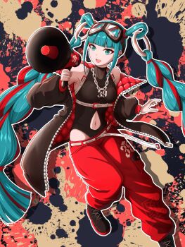 1girl 39 aqua_eyes aqua_hair baggy_pants black_jacket black_shirt black_shoes blunt_bangs braid breasts chain chain_necklace clothing_cutout darkstar31 detached_hair goggles goggles_on_head hair_ornament hatsune_miku highres holding holding_megaphone jacket jewelry long_hair long_sleeves magical_mirai_(vocaloid) magical_mirai_miku magical_mirai_miku_(2023) medium_breasts megaphone multicolored_hair navel navel_cutout necklace official_alternate_costume official_alternate_hairstyle open_clothes open_jacket open_mouth pants red_hair red_pants ring_hair_ornament shirt shoes sleeveless sleeveless_shirt smile solo twin_braids twintails very_long_hair vocaloid
