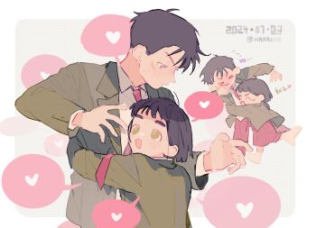 &gt;_&lt; 1boy 1girl :d ^_^ after_school_lessons_for_unripe_apples ahoge baekje_middle_school_uniform black_hair blazer blush bob_cut border chibi chibi_inset chinese_text choppy_bangs closed_eyes collared_shirt commentary dated dotted_background eye_contact facial_scar floating_clothes flying_sweatdrops forced_hug from_side full-face_blush full_body furrowed_brow green_eyes green_jacket grey_background hair_behind_ear hands_up heart height_difference hetero highres hug hwang_mi-ae jacket kim_cheol long_sleeves looking_at_another looking_up medium_skirt multiple_views naraiaran necktie nervous nose_blush open_clothes open_jacket open_mouth outside_border pants parted_lips purple_eyes red_necktie red_pants red_skirt resisting scar scar_on_cheek scar_on_face school_uniform shirt shoes short_bangs short_hair shy sideburns skirt smile spoken_heart sweatdrop symbol-only_commentary thick_eyebrows triangle_mouth twitter_username upper_body v-shaped_eyebrows very_short_hair white_border white_shirt white_shoes