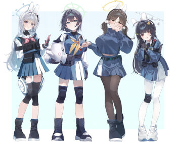 4girls @_@ absurdres animal_ears arm_behind_back black_boots black_gloves black_hair blue_archive blue_halo blue_jacket blue_sailor_collar blue_serafuku blue_shirt blue_skirt blue_sweater boots breasts brown_hair brown_pantyhose bucket_hat candy cellphone closed_mouth combat_helmet commentary_request drooling fake_animal_ears floating_hair food full_body glasses gloves green_halo green_neckerchief grey_halo hair_ornament halo hand_on_own_cheek hand_on_own_face hand_up hands_up hat helmet higa_(gominami) highres holding holding_candy holding_food holding_lollipop holding_phone holding_unworn_helmet jacket knee_pads large_breasts leaf leaf_on_head lollipop long_hair long_sleeves looking_at_viewer low_twintails midriff_peek miyako_(blue_archive) miyu_(blue_archive) moe_(blue_archive) mouth_drool multiple_girls neckerchief pantyhose parted_lips phone pink_neckerchief pom_pom_(clothes) pom_pom_hair_ornament purple_eyes rabbit_ears rabbit_platoon_(blue_archive) red_eyes round_eyewear sailor_collar saki_(blue_archive) school_uniform serafuku shirt shoes short_hair simple_background single_knee_pad skirt small_sweatdrop smartphone smile standing suspenders sweat sweater tactical_school_uniform twintails two-tone_background unworn_headwear unworn_helmet very_long_hair white_hair white_helmet white_pantyhose white_sailor_collar white_shirt white_shoes yellow_eyes yellow_neckerchief