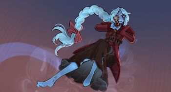 Rule 34 | 1girl, bandolier, barefoot, belt, blue hair, blue skin, bow, braid, braided ponytail, colored skin, commentary, deadlock (game), dress, english commentary, facial mark, flying, forehead mark, full body, gun, hair bow, highres, holding, holding gun, holding weapon, long hair, looking at viewer, looking through scope, red bow, red dress, rifle, scope, serious, shuuko (s h uuko), sniper rifle, solo, very long hair, vindicta (deadlock), weapon