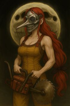 1girl abella_(fear_&amp;_hunger) bare_arms bare_shoulders breasts brown_tank_top circular_saw cleavage collarbone commentary cowboy_shot dark_background english_commentary fear_&amp;_hunger_(series) fear_&amp;_hunger_2:_termina grey_mask highres holding holding_weapon long_hair low-tied_long_hair medium_breasts nowakdevlog overalls red_hair rher_(fear_&amp;_hunger) saw solo standing tank_top toned toned_female two-handed very_long_hair weapon yellow_overalls