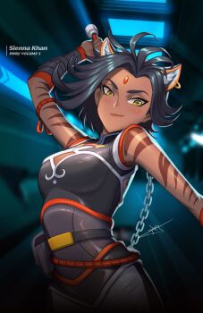 1girl animal_ears black_hair black_shirt chain chain_whip character_name closed_mouth commentary copyright_name dark-skinned_female dark_skin ear_piercing english_commentary eyelashes highres holding holding_whip official_art piercing rooster_teeth rwby shirt short_hair sienna_khan signature sleeveless sleeveless_shirt smile solo tiger_ears tiger_girl tiger_stripes uyalago yellow_eyes