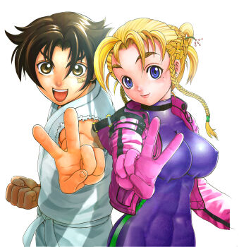 1boy 1girl :d absurdres blonde_hair blue_eyes blush bodysuit braid breasts brown_hair covered_erect_nipples dougi fuurinji_miu half_up_braid highres impossible_clothes jacket japanese_clothes karate_gi kimono large_breasts looking_at_viewer matsuena_shun mole mole_under_eye official_art open_mouth outstretched_arm purple_bodysuit reaching reaching_towards_viewer shijou_saikyou_no_deshi_ken'ichi shirahama_ken'ichi short_hair simple_background skin_tight sleeveless sleeveless_kimono smile standing taut_bodysuit teeth unitard upper_body upper_teeth_only v v-shaped_eyebrows white_background