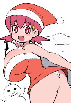 1girl :3 ass blush blush_stickers breasts christmas cleavage dress from_behind fur-trimmed_dress fur-trimmed_headwear fur_trim hair_ornament hairclip hat holding holding_sack huge_breasts looking_at_viewer looking_back low_twintails miyazero nintendo open_mouth panties pink_eyes pink_hair pokemon pokemon_gsc pom_pom_(clothes) red_dress red_hat sack santa_costume santa_dress santa_hat short_hair smile snowman standing strapless strapless_dress thick_thighs thighs twintails underwear white_background white_panties whitney_(pokemon)