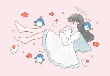 1girl barefoot bird cake cake_slice cat commentary_request dress flower food from_side full_body halo highres kimura_ansai long_hair long_sleeves original penguin profile red_flower