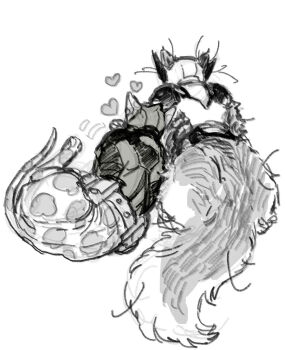 animal_focus animalization belt bodysuit cat deadpool deadpool_&amp;_wolverine deadpool_(series) dishing from_behind heart highres marvel marvel mask monochrome scar scars_all_over tail too_many white_background wolverine_(x-men) x-men