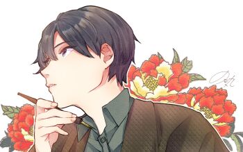 Rule 34 | 1boy, black hair, brown jacket, collared shirt, commentary request, flower, green shirt, grey eyes, highres, holding, holding brush, jacket, looking to the side, male focus, notamaru 2, original, parted lips, peony (flower), portrait, shirt, short hair, signature, simple background, solo, white background, wing collar