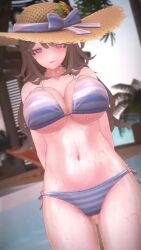 1girl 3d animated bikini bouncing_breasts breasts hat highres large_breasts outdoors poolside solo straw_hat striped_bikini striped_clothes sun_hat swimsuit tagme thick_thighs thighs video vrchat