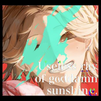 1boy :d absurdres aegyo_sal black_border blood blood_splatter blue_blood border brown_eyes brown_hair chromatic_aberration close-up curtained_hair daisuke_(mouthwashing) earrings english_text glitch grin half-closed_eyes hawaiian_shirt highres hoop_earrings jewelry katsumira looking_at_viewer male_focus mouthwashing open_mouth portrait shirt short_hair sidelighting smile solo