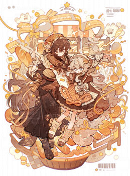 2girls :o blonde_hair blue_eyes book boots brown_boots brown_hair brown_kimono brown_scarf cherry closed_mouth crossed_bangs dot_nose dress food frilled_dress frills fruit full_body hair_between_eyes hair_ornament headdress highres jacket japanese_clothes kimono long_hair multiple_girls multiple_views obi open_book open_mouth original renzhi00334233 ribbon sash scarf sidelocks sleeves_past_fingers sleeves_past_wrists smile star_(symbol) very_long_hair wrist_cuffs