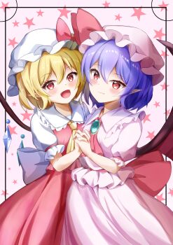2girls absurdres ascot back_bow bat_wings blonde_hair blush bow brooch commentary crystal_wings double-parted_bangs fang fang_out fangs flandre_scarlet frilled_hat frilled_sailor_collar frilled_sleeves frills hair_bow hat highres holding_hands interlocked_fingers jewelry looking_at_viewer mob_cap multiple_girls pink_ascot pink_hat pink_shirt pink_skirt pointy_ears purple_hair red_bow red_eyes red_skirt red_vest remilia_scarlet sailor_collar shirotsuki_shirone shirt short_hair short_sleeves siblings sisters skirt skirt_set smile star_(symbol) star_symbol_background touhou vest white_hat white_shirt wings yellow_ascot