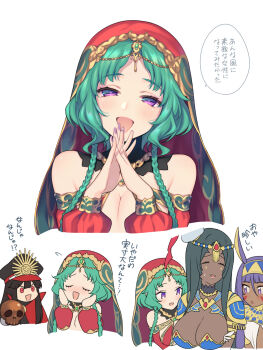 4girls 7dango7 animal_ears arm_wrap armlet armor bandaged_arm bandages bare_shoulders bikini black_hair black_hat black_jacket blue_armor blush bracelet braid breastplate breasts bridal_gauntlets cape circlet cleavage closed_eyes dark-skinned_female dark_skin detached_sleeves earrings facepaint facial_mark fate/grand_order fate_(series) forehead_jewel green_hair hairband halterneck hat highres hoop_earrings jackal_ears jacket jewelry large_breasts long_hair long_sleeves looking_at_viewer medium_breasts multiple_girls multiple_views nitocris_(fate) nitocris_(first_ascension)_(fate) oda_nobunaga_(fate) open_mouth parted_bangs pauldrons popped_collar puffy_long_sleeves puffy_sleeves purple_eyes purple_hair red_bikini red_cape red_eyes ring salome_(fate) scheherazade_(fate) short_hair_with_long_locks shoulder_armor sidelocks skull smile speech_bubble swimsuit translation_request twin_braids usekh_collar veil very_long_hair