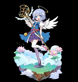 1girl :d angel angel_wings black_background blue_eyes blue_hair blue_shirt blush breasts celesse_(merc_storia) cloud feathered_wings flower flying full_body hair_between_eyes hair_ornament halo high_heels highres holding holding_staff leaf lotus merc_storia merc_storia_art_team off-shoulder_shirt off_shoulder official_art open_mouth pink_flower pink_shoes puffy_short_sleeves puffy_sleeves purple_skirt shirt shoes short_sleeves sidelocks simple_background skirt small_breasts smile solo staff standing standing_on_one_leg tachi-e thighhighs white_thighhighs white_wings wings