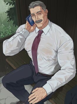 1boy bara belt black_pants brown_belt brown_shoes collared_shirt dress_shoes facial_hair grey_eyes grey_hair hand_on_own_thigh highres holding_napkin looking_at_viewer male_focus mature_male muscular muscular_male mustache necktie old old_man on_bench open_mouth original outdoors pants red_necktie sa1k0p see-through_clothes see-through_shirt shirt shoes short_hair sitting smile solo wet wet_clothes wet_hair white_shirt