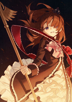 1girl aluce angry black_background black_dress blue_eyes bow brown_hair clenched_hand commentary cowboy_shot crown crying dress floating_hair frilled_dress frills hair_floating_upwards hair_ornament hair_over_one_eye highres holding holding_staff long_sleeves looking_at_viewer maria_(umineko) pink_bow purple_eyes red_bow red_sash sash short_hair solo staff symbol-only_commentary tears umineko_no_naku_koro_ni ushiromiya_maria