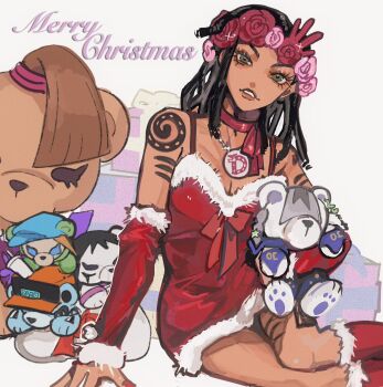 1girl arm_tattoo baseball_cap beret black_hair blue_bridal_gauntlets blue_hat bodysuit boots box braid breasts bridal_gauntlets brown_hair character_doll charming_man choker christmas cleavage detached_sleeves doll dragona_joestar dreadlocks dress flower fur-trimmed_boots fur-trimmed_dress fur-trimmed_sleeves fur_trim gift gift_box green_bodysuit green_eyes grey_hair hair_flower hair_ornament hair_over_eyes hat head_wreath highres holding holding_stuffed_toy hood hood_down jewelry jodio_joestar jojo_no_kimyou_na_bouken leg_tattoo long_hair looking_at_viewer merry_christmas meryl_mei_qi naru_tomaki necklace orange_hat paco_laburantes parted_lips pink_flower red_boots red_choker red_dress red_nails santa_costume santa_dress short_dress shoulder_tattoo side_braid sitting solo stuffed_animal stuffed_toy tattoo teddy_bear teeth the_jojolands usagi_aloha'oe