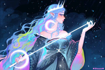 1girl artist_name black_dress blue_eyeshadow blue_hair breasts collarbone commentary crescent crescent_earrings dress earrings eyeshadow green_hair jewelry long_hair makeup medium_breasts multicolored_hair off-shoulder_dress off_shoulder original pink_hair pointy_ears profile sky solo star_(sky) starry_sky upper_body very_long_hair vicki_tsai wavy_hair wide_sleeves