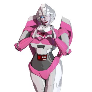 3d absurdres andypurro arcee autobot backpack bag blender_(medium) blue_eyes heart heart_hands highres humanoid_robot looking_at_viewer one_eye_closed panties pink_panties red_lips robot robot_girl science_fiction transformers transformers:_generation_1 underwear