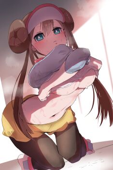 1girl black_pantyhose blue_eyes breasts brown_hair clothes_lift double_bun female_focus hair_between_eyes hair_bun highres indoors kneeling large_breasts leaning_forward long_hair looking_at_viewer navel nintendo pantyhose pokemon pokemon_bw2 pout raglan_sleeves rosa_(pokemon) shirt_lift shoes short_shorts shorts solo suo_(esu) sweat twintails underboob undressing visor_cap yellow_shorts