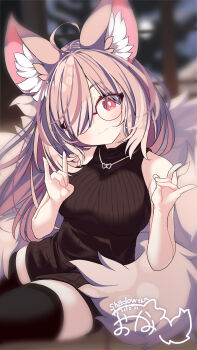 Rule 34 | 1girl, ahoge, animal ear fluff, animal ears, bare arms, bare shoulders, black sweater, black thighhighs, blush, breasts, bright pupils, brown hair, closed mouth, commentary request, commission, cowboy shot, daidai ookami, double fox shadow puppet, fox ears, fox girl, fox shadow puppet, fox tail, glasses, hands up, highres, jewelry, large breasts, long hair, looking at viewer, multicolored hair, necklace, original, pink hair, red-framed eyewear, red eyes, ribbed sweater, signature, sitting, skeb commission, sleeveless, sleeveless sweater, sleeveless turtleneck, smile, solo, streaked hair, sweater, tail, thighhighs, turtleneck, turtleneck sweater, two-tone hair, white pupils