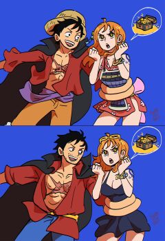 1boy 1girl absurdres aged_up arm_around_waist armor artist_name back_bow bangle bare_shoulders black_cape black_coat black_hair blue_background blue_dress blue_shorts bow bracelet breasts cape cleavage clenched_hands coat coat_on_shoulders coin collarbone cowboy_shot cross_scar devil_fruit_power dress earrings elasticity extendable_limbs eyewear_on_head facial_hair facial_scar floral_print floral_print_kimono gold gold_coin hair_ornament hashtag-only_commentary hat highres japanese_armor japanese_clothes jewelry kimono large_breasts log_pose long_hair looking_at_another medium_hair monkey_d._luffy nami_(one_piece) nami_(one_piece)_(onigashima) official_alternate_costume one_piece open_clothes open_mouth open_shirt orange_hair pearl_earrings pink_bow print_kimono purple_sash red_kimono red_shirt sash scar scar_on_cheek scar_on_chest scar_on_face shampowrado shirt short_hair short_kimono shorts shoulder_tattoo signature sleeveless sleeveless_kimono sparkle sparkling_eyes straw_hat sunglasses tattoo treasure_chest wavy_hair yellow_sash yellow_shorts