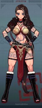 1girl arm_strap arm_tattoo asymmetrical_hair belt black_belt black_boots blue_eyes blue_nails boots bracer braid breasts brown_hair chest_tattoo clickdraws closed_mouth earrings facial_tattoo feather_capelet full_body fur-trimmed_boots fur-trimmed_footwear fur_trim grey_hair hands_on_own_hips high_heel_boots high_heels highres jewelry knee_boots kneepits large_breasts leg_tattoo long_hair multicolored_hair multiple_belts multiple_views muscular muscular_female nail_polish necklace open-toe_boots original pelvic_curtain reference_sheet rune_tattoo runes scar scar_on_breasts scar_on_stomach stomach_tattoo streaked_hair tattoo thigh_strap toenail_polish toenails tooth_necklace very_long_hair warrior